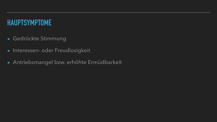 Depressionen
• ernste Erkrankung
•Hauptsymptome:
Gedrückte Stimmung, Interessen- & Freudlosigkeit, Antriebsmangel bzw. erhöhte Ermüdbarkeit
