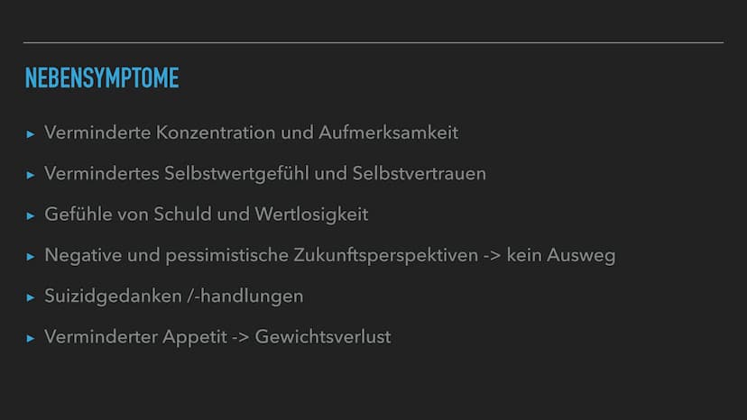Depressionen
• ernste Erkrankung
•Hauptsymptome:
Gedrückte Stimmung, Interessen- & Freudlosigkeit, Antriebsmangel bzw. erhöhte Ermüdbarkeit
