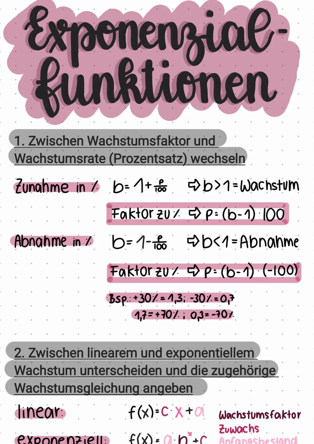 # Exponenzial-
funktionen

1. Zwischen Wachstumsfaktor und
Wachstumsrate (Prozentsatz) wechseln

- Zunahme in % $b=1+\frac{t}{100}$ ⇨b>1=Wac