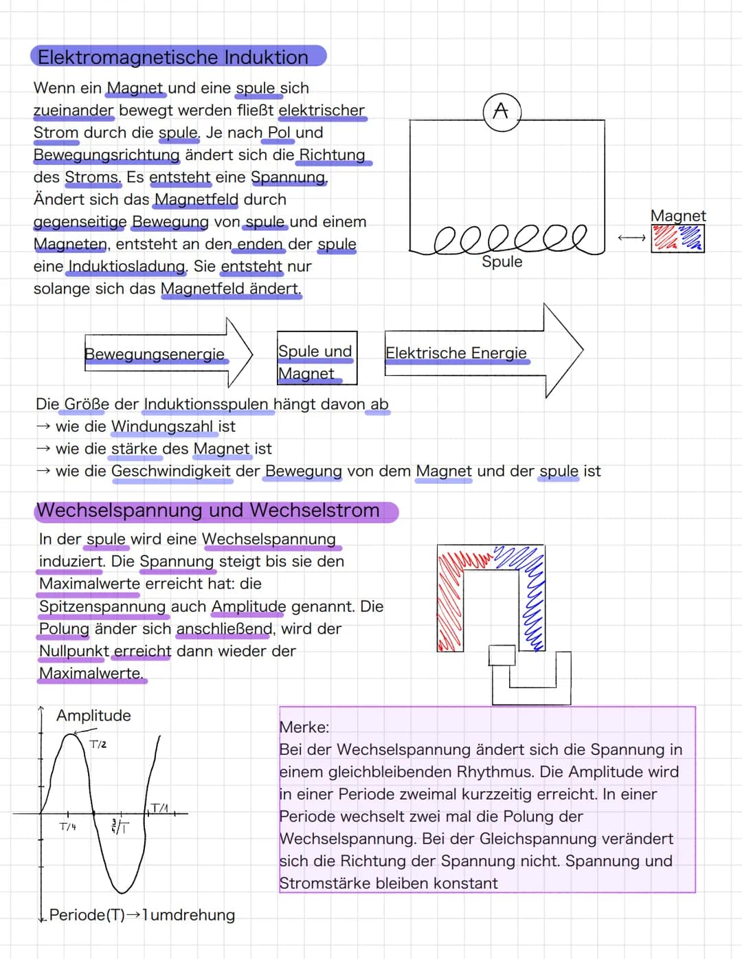Elektromagnetische Induktion
Wenn ein Magnet und eine spule sich
zueinander bewegt werden fließt elektrischer
Strom durch die spule. Je nach