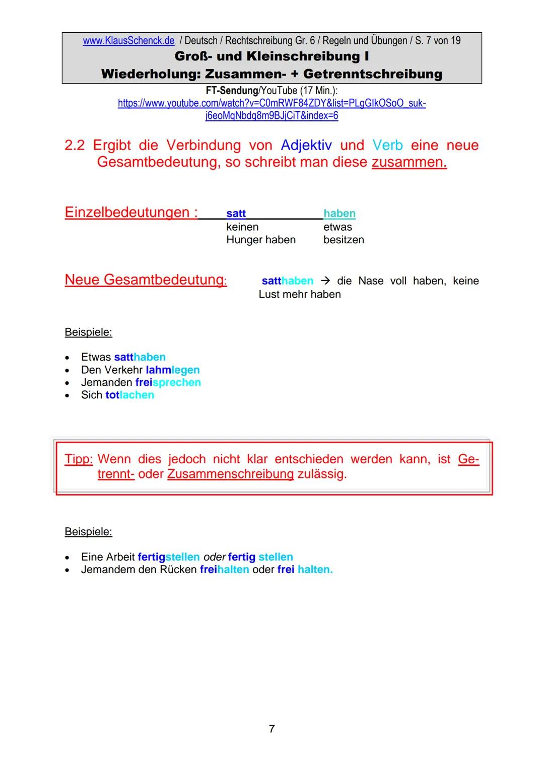 www.KlausSchenck.de / Deutsch (2008/09) / Rechtschreibung Gr. 1 / Regeln und Übungen / S. 1 von 11
s-Laute / Doppelungen / dass/das
FT-Sendu