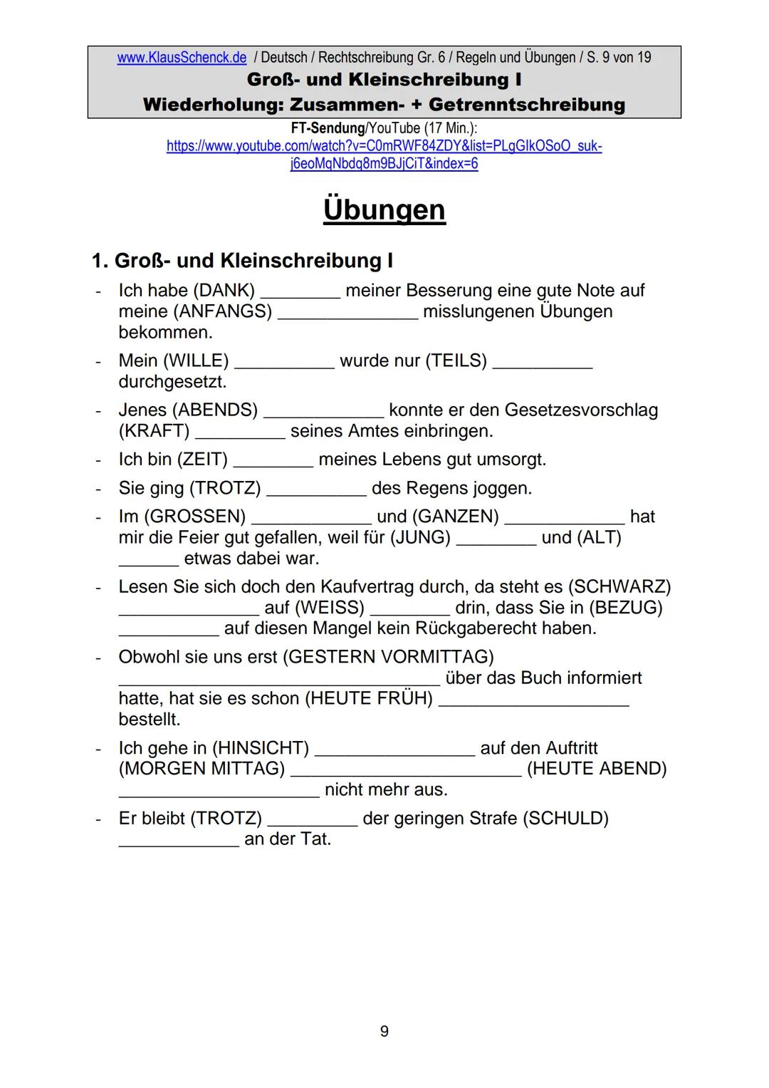 www.KlausSchenck.de / Deutsch (2008/09) / Rechtschreibung Gr. 1 / Regeln und Übungen / S. 1 von 11
s-Laute / Doppelungen / dass/das
FT-Sendu