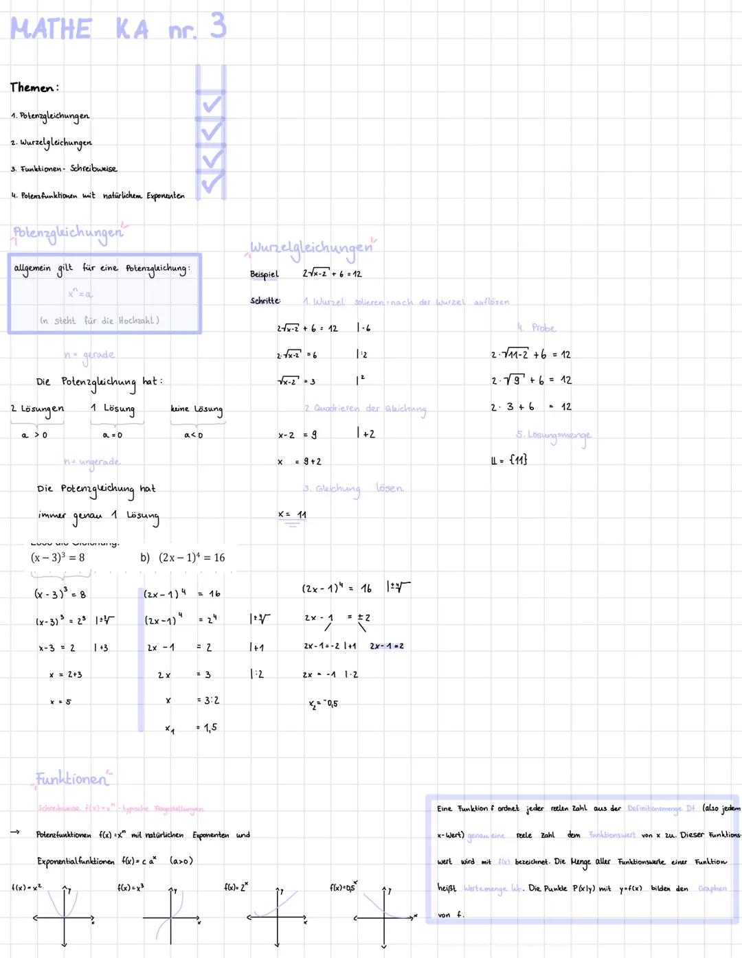 MATHE KA 3
nr.
Themen:
1. Potenzgleichungen
Wurzelgleichungen
3. Funktionen Schreibweise
4. Potenzfunktionen mit natürlichem Exponenten
2
Po