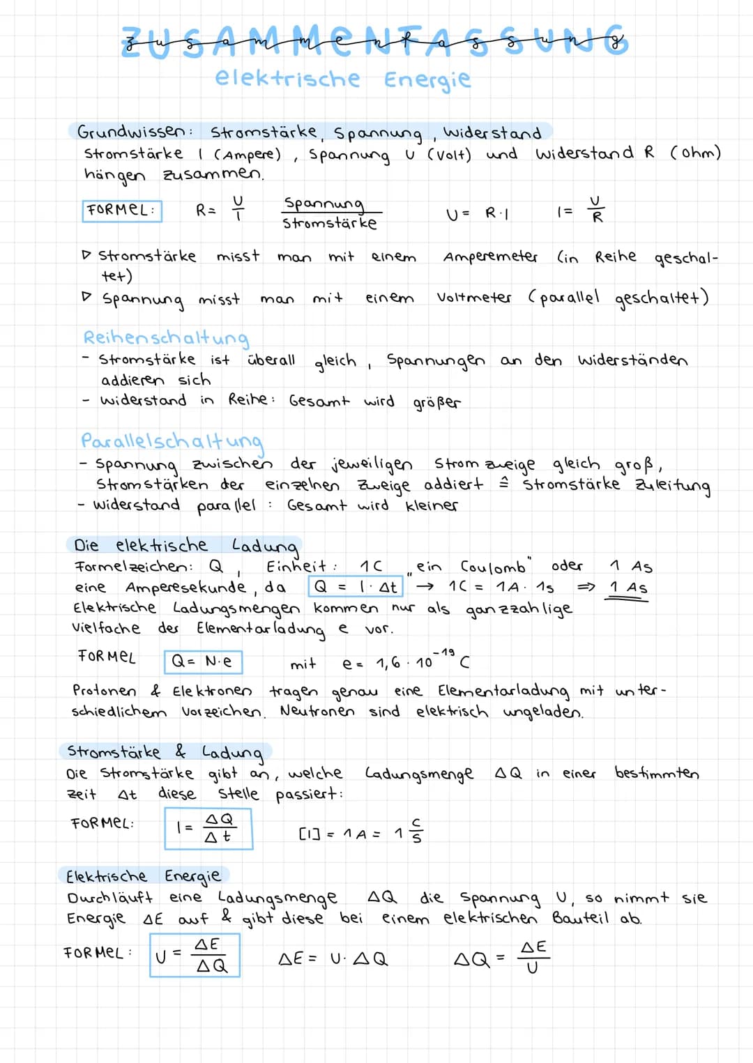 ZUSAMMENFASSUM &
menta
elektrische Energie
Grundwissen: Stromstärke, Spannung, widerstand.
Stromstärke I (Ampere), Spannung u (volt) und wid