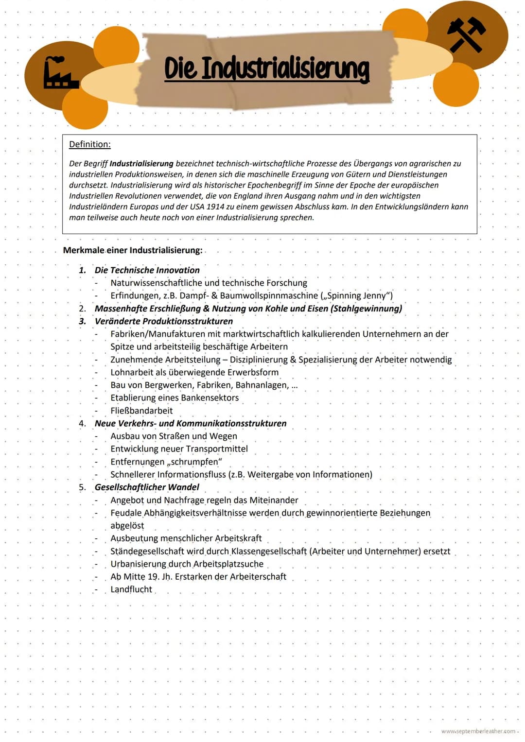 Die Industrialisierung
Definition:
Der Begriff Industrialisierung bezeichnet technisch-wirtschaftliche Prozesse des Übergangs von agrarische