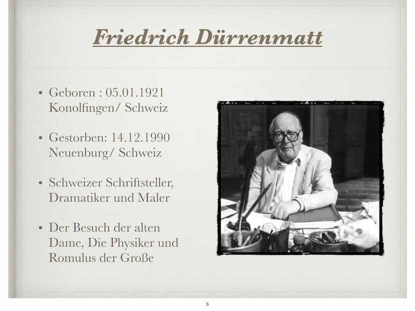 DIE PHYSIKER
Von Friedrich Dürrenmatt ●
●
●
●
●
●
●
Autor
Informationen zum Buch
Figuren
Hauptfiguren
Akt 1
Akt 2
Fazit
Gliederung
Quellen
2