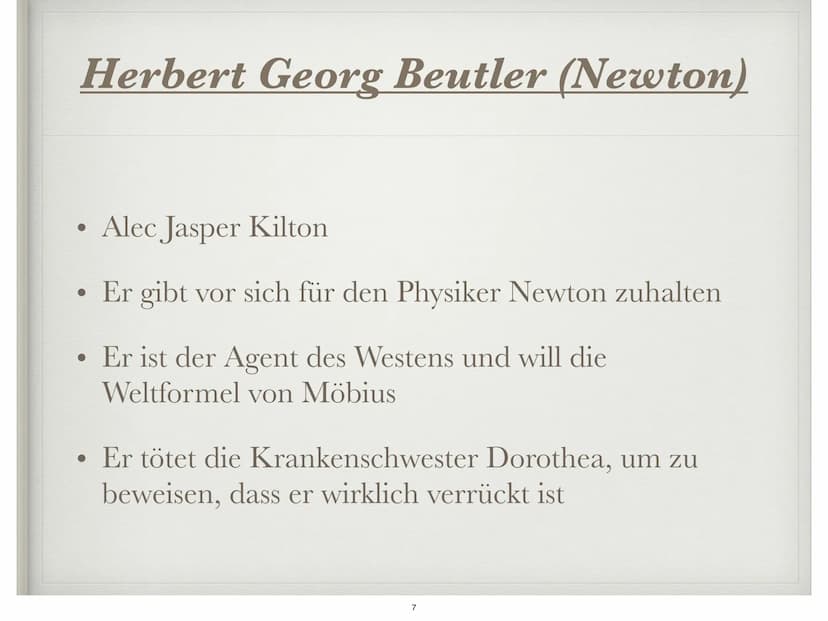 DIE PHYSIKER
Von Friedrich Dürrenmatt ●
●
●
●
●
●
●
Autor
Informationen zum Buch
Figuren
Hauptfiguren
Akt 1
Akt 2
Fazit
Gliederung
Quellen
2
