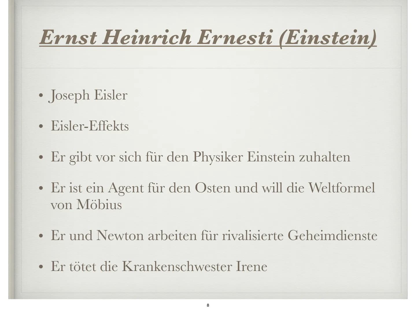 DIE PHYSIKER
Von Friedrich Dürrenmatt ●
●
●
●
●
●
●
Autor
Informationen zum Buch
Figuren
Hauptfiguren
Akt 1
Akt 2
Fazit
Gliederung
Quellen
2