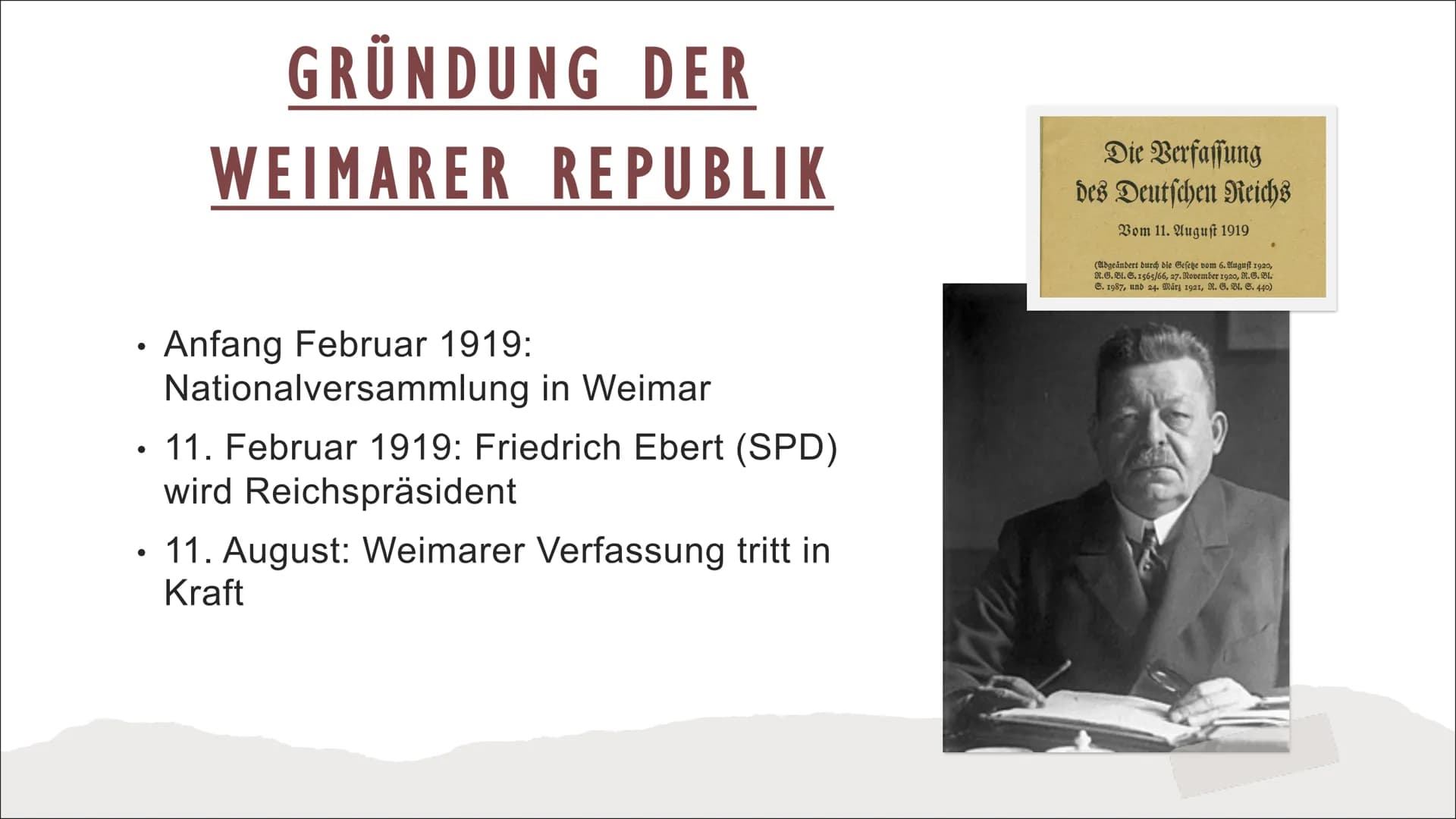 DIE WEIMARER REPUBLIK INHALTSVERZEICHNIS
DITTMAN
EBERT
Die Gründung der deutschen Republik.
Wie soll Deutschland regiert werden?
• Die Gründ