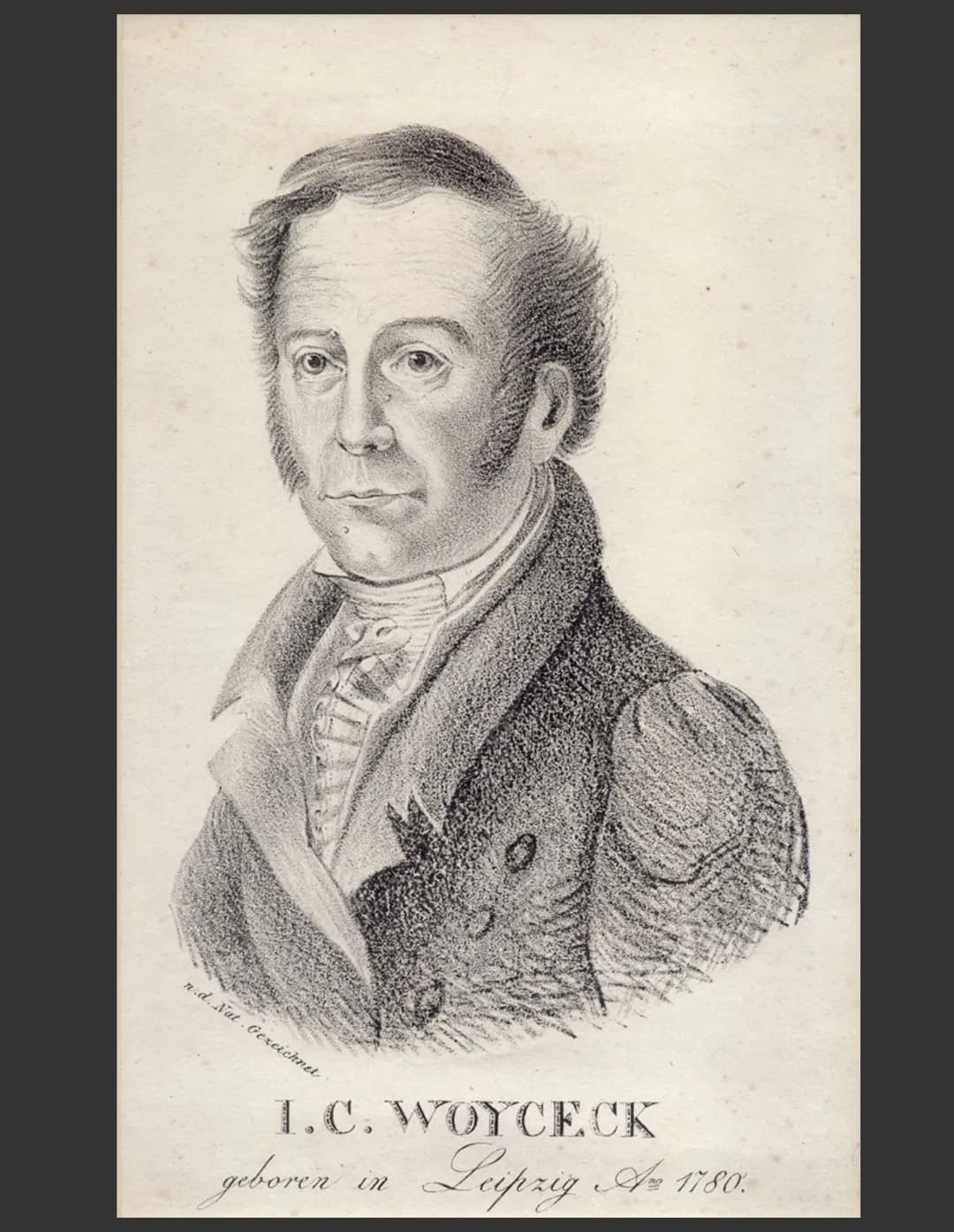 n.d. Nat Gezeichnet
1.C. WOYCECK
geboren. Leipzig Ar 1780.
in Fierleitung
•Woyzeck gehört in der Gattung de Dramen
courde von
Georg Büchner 