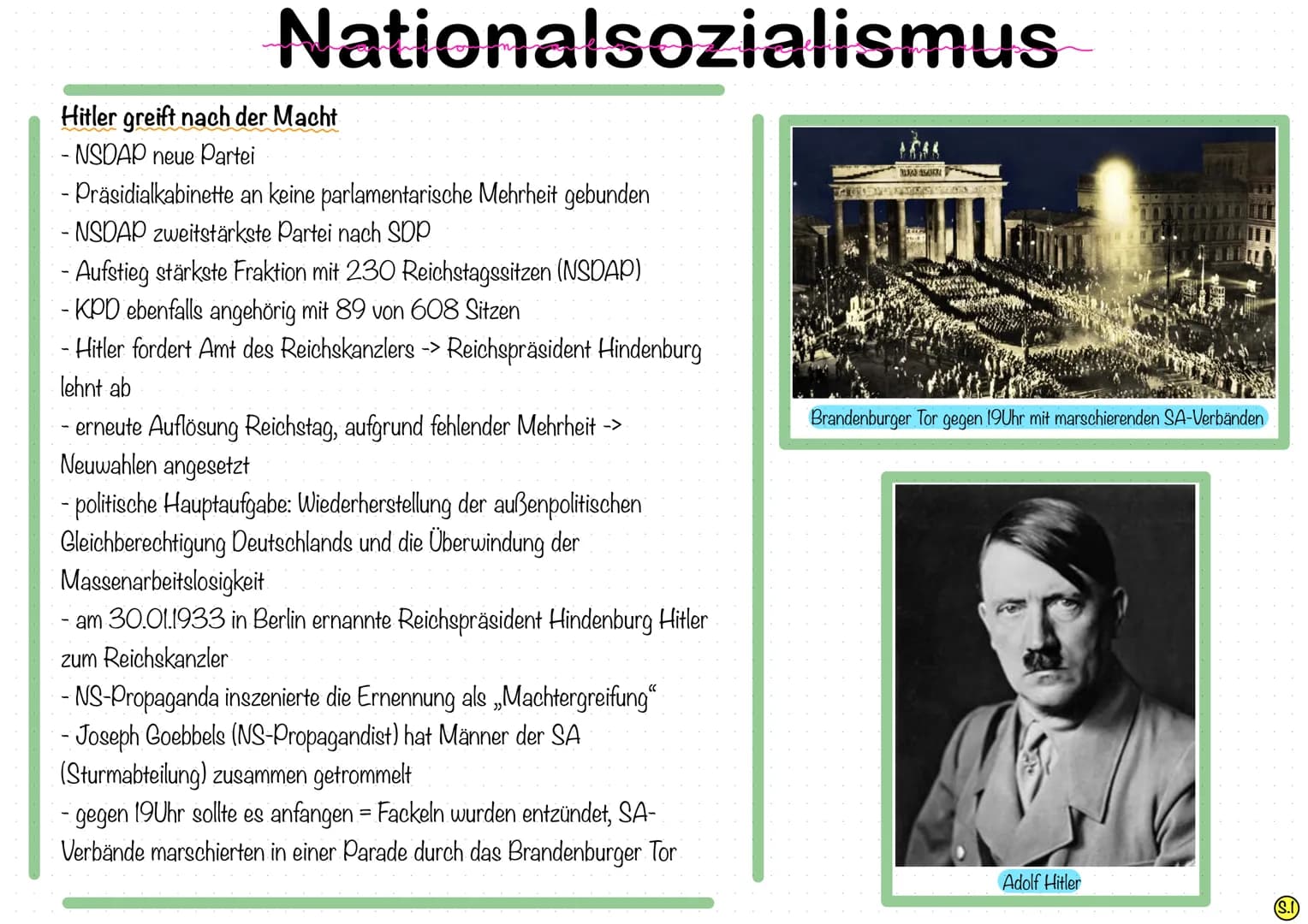 Nationalsozialismus
Hitler greift nach der Macht
- NSDAP neue Partei
- Präsidialkabinette an keine parlamentarische Mehrheit gebunden
- NSDA
