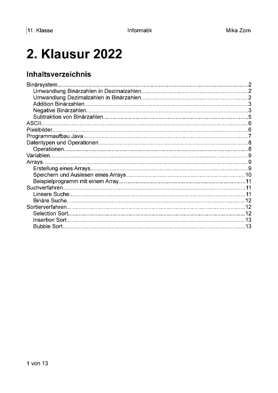 Zusammenfassung: Binärzahlen, Datentypen, Arrays & Sortierverfahren