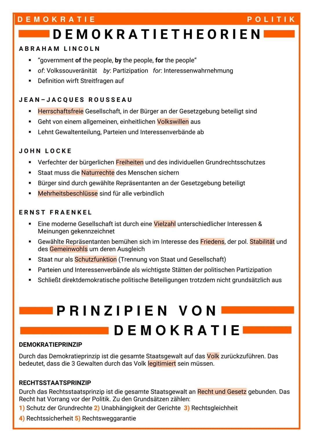DEMOKRATIE
ABRAHAM LINCOLN
■
■
■
JEAN-JACQUES
ROUSSEAU
Herrschaftsfreie Gesellschaft, in der Bürger an der Gesetzgebung beteiligt sind
Geht 