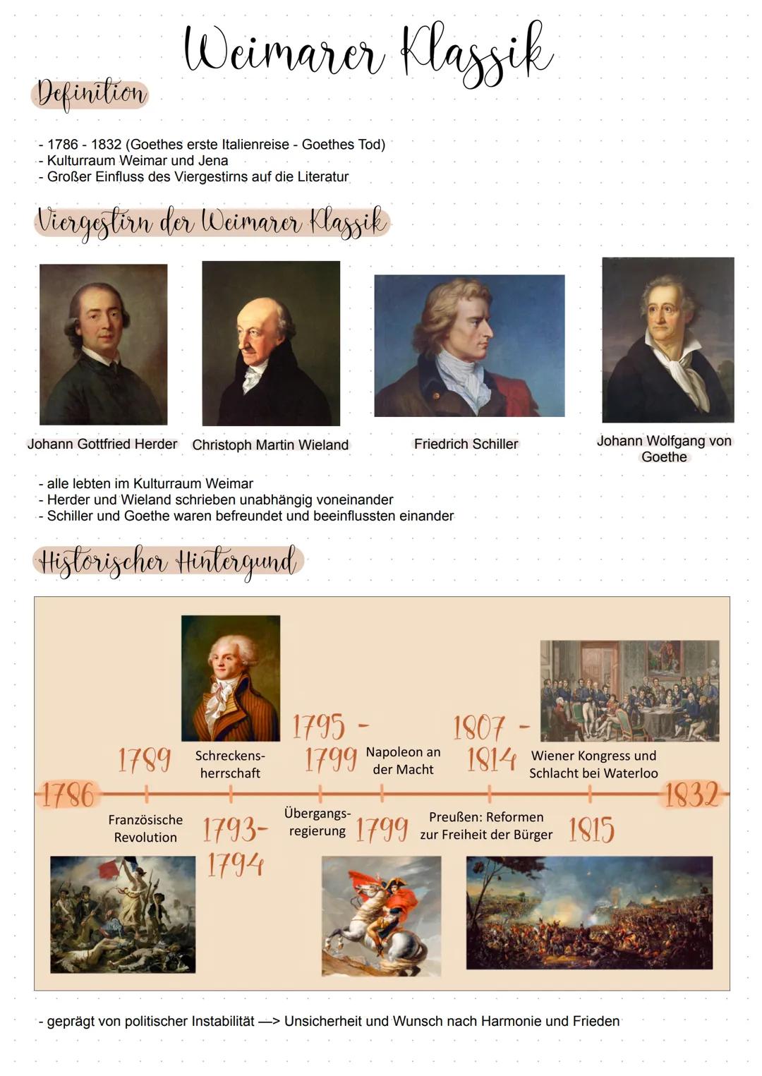 L
Weimarer
Klassik
L Weimarer Klassik
Definition
1786-1832 (Goethes erste Italienreise - Goethes Tod)
- Kulturraum Weimar und Jena
- Großer 