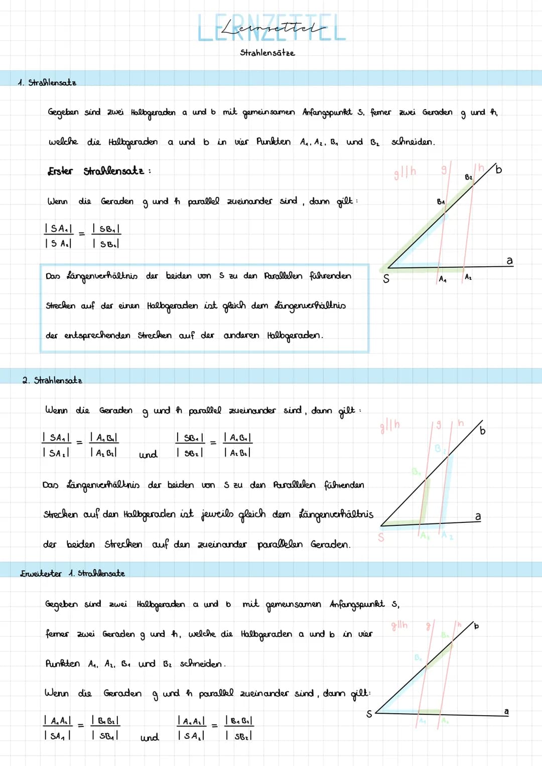 1. Strahlensatz
Gegeben sind zwei Hallgeraden a und b mit gemeinsamen Anfangspunkt 5. femer zwei Geraden 9 und fh,
welche die Hallgeraden a 