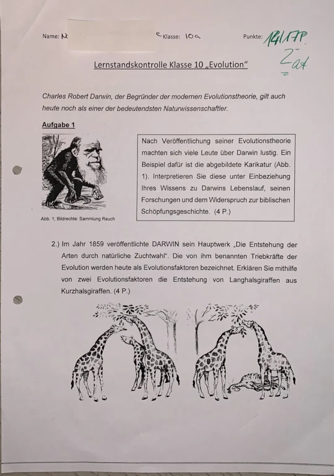 Name: N
Aufgabe 1
Klasse: 10a
Punkte:
Lernstandskontrolle Klasse 10 ,,Evolution"
Abb. 1; Bildrechte: Sammlung Rauch
141178
Charles Robert Da
