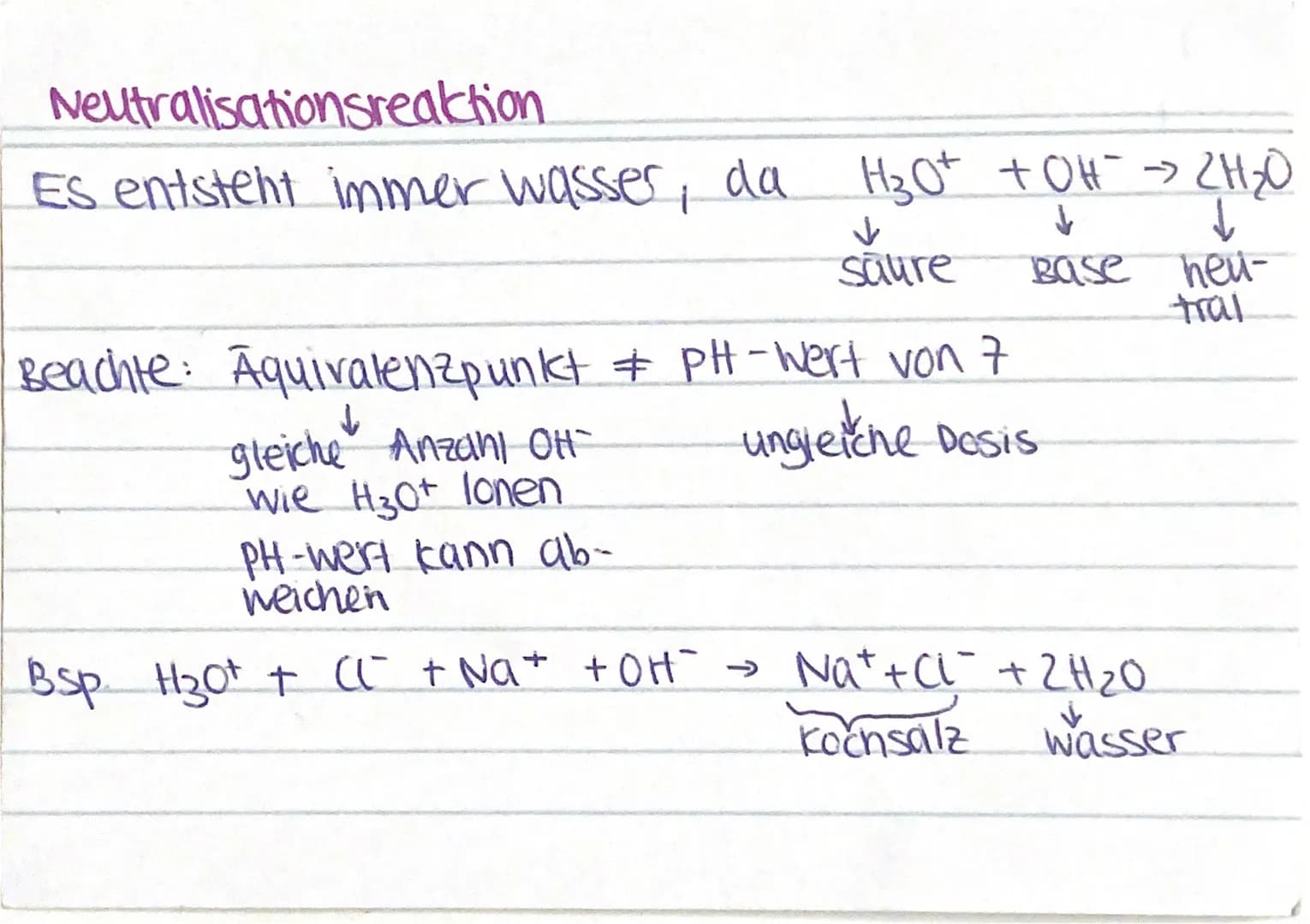 Neutralisationsreaktion
Es entsteht immer wasser,
Anzani OH™
da H3O+ + OH → 2H₂O
↓
↓
Base heu-
tral.
Beachte: Aquivalenzpunkt # pH-Wert von 