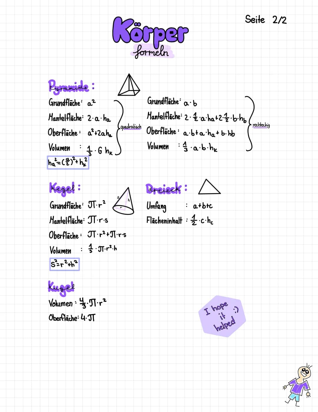 Körper
formeln
Würfel:
Grundfläche a
Oberfläche 6 a²
¡
Volumen : a·a·a=a³
Quader:
Grundfläche ab
Oberfläche 2 (ab+ac+bc)
Volumen : a·b.c
Pri