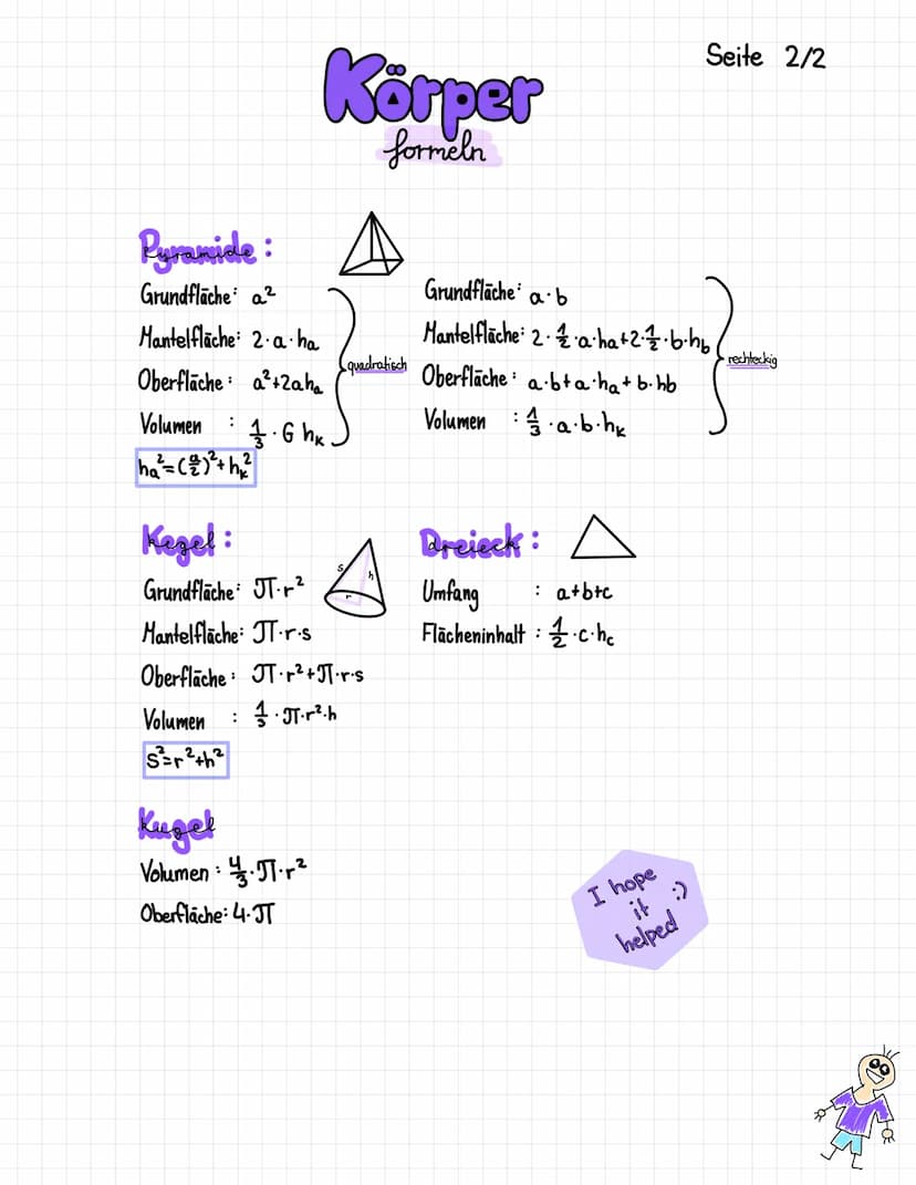 Körper
formeln
Würfel:
Grundfläche a
Oberfläche 6 a²
¡
Volumen : a·a·a=a³
Quader:
Grundfläche ab
Oberfläche 2 (ab+ac+bc)
Volumen : a·b.c
Pri