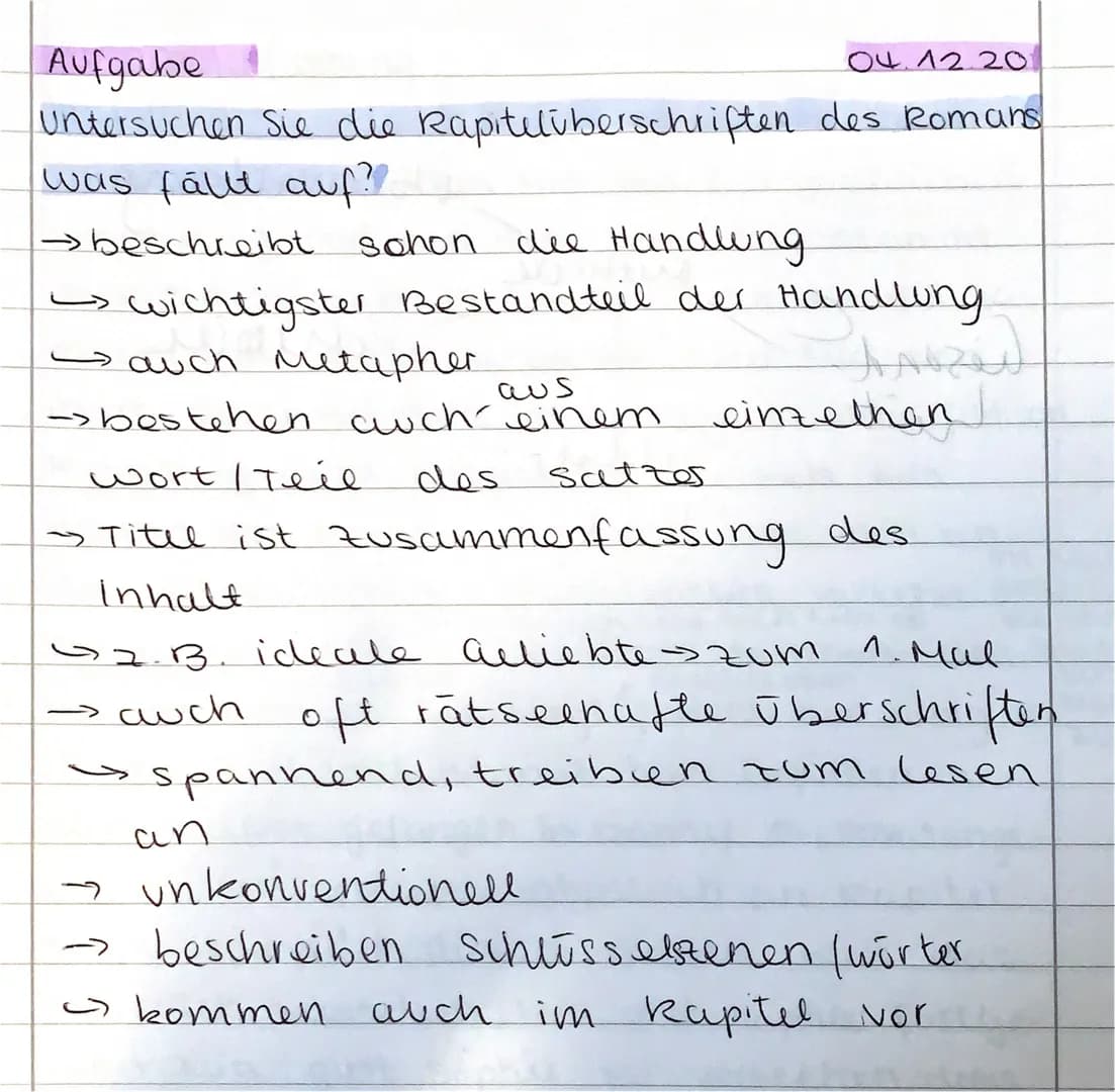 04.12.201
Aufgabe
Untersuchen Sie die Rapitelüberschriften des Romans
was fällt auf??
beschreibt
schon die Handlung
wichtigster Bestandteil 