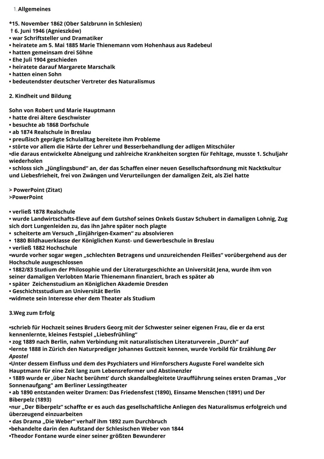 Gerhart
Hauptmann
VORTRAG VON JOHANNA KRAUSE 1. Allgemeines
*15. November 1862 (Ober Salzbrunn in Schlesien)
† 6. Juni 1946 (Agnieszków)
• w