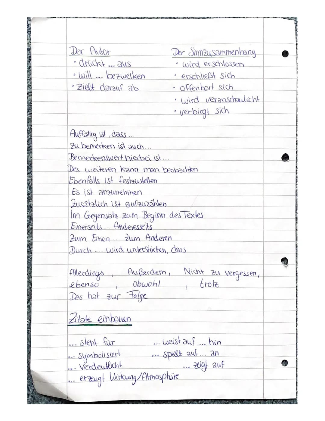 Formulierungshilfen
Thema der Geschichte
0
Die Erzählung
beschreibt
0
.
beinhaltet
• Spiegelt... Wwieder
lauft auf... hinaus
wird in den Zus