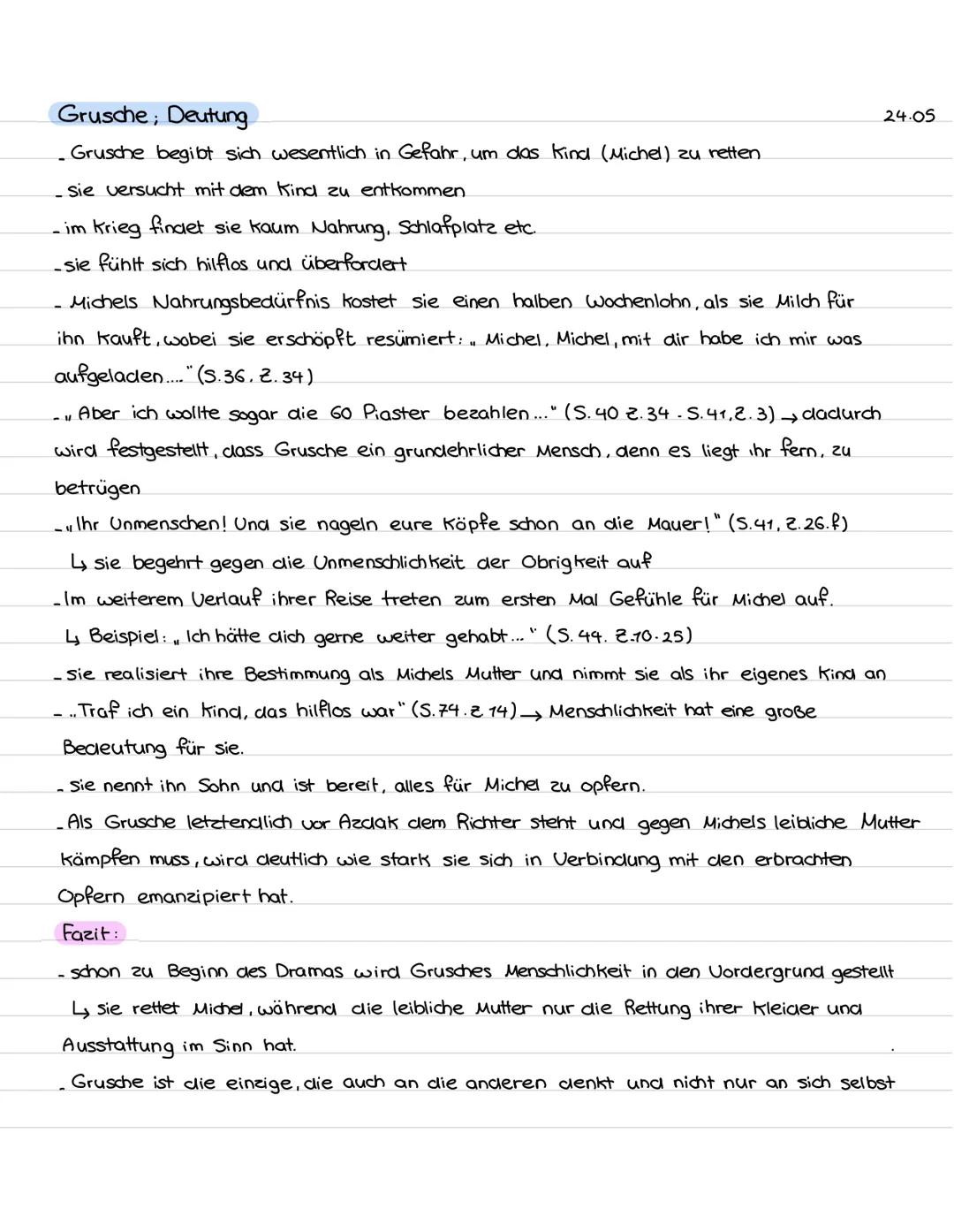 Grusche; Deutung

- Grusche begibt sich wesentlich in Gefahr, um das Kind (Michel) zu retten

- sie versucht mit dem Kind zu entkommen

- im