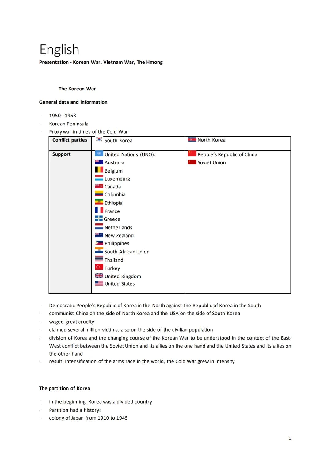 English
Presentation - Korean War, Vietnam War, The Hmong
The Korean War
General data and information
1950-1953
Korean Peninsula
Proxy war i