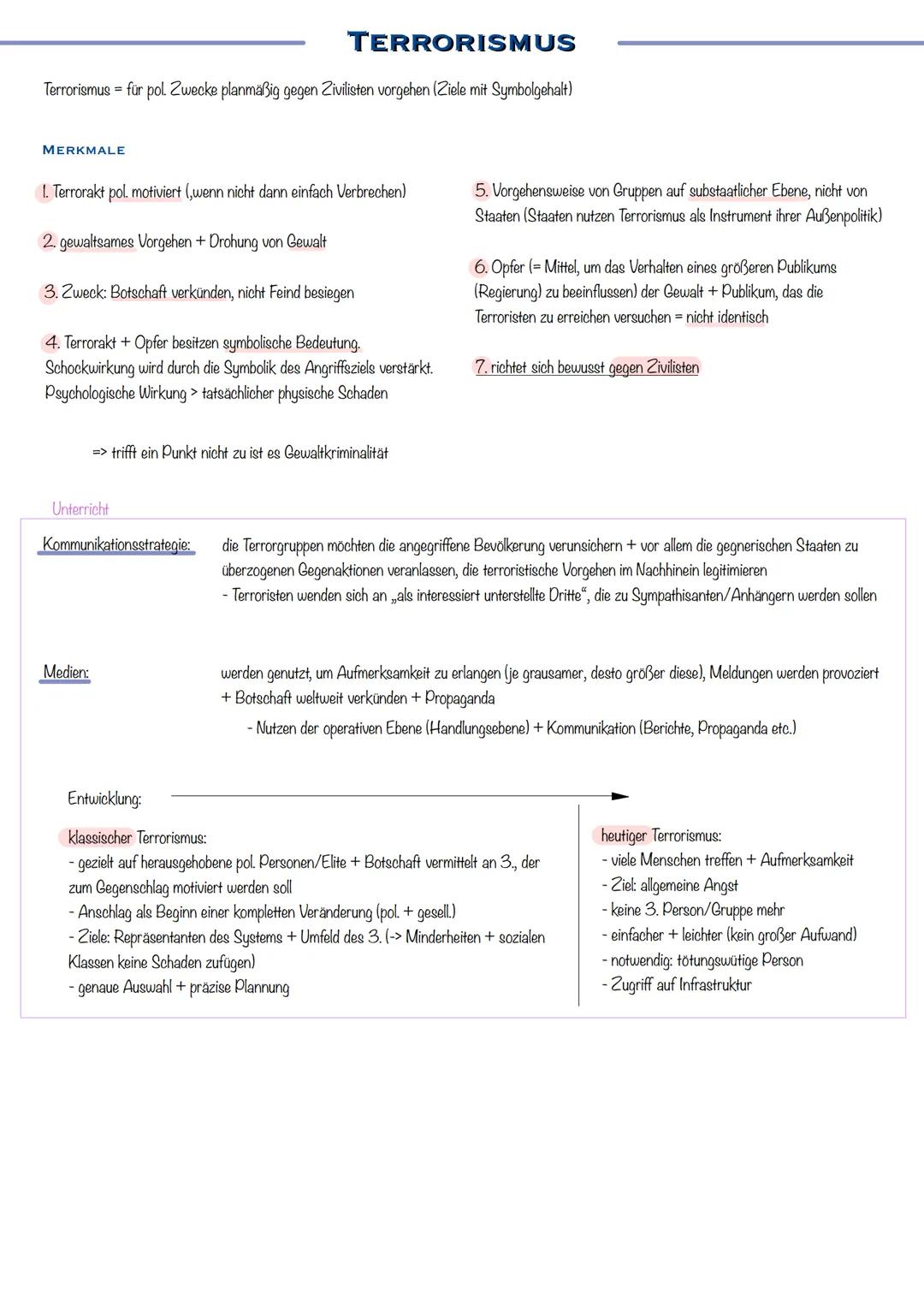 INTER-
NATIONALER
TERRORISMUS # TERRORISMUS
Terrorismus = für pol. Zwecke planmäßig gegen Zivilisten vorgehen (Ziele mit Symbolgehalt)

MERK