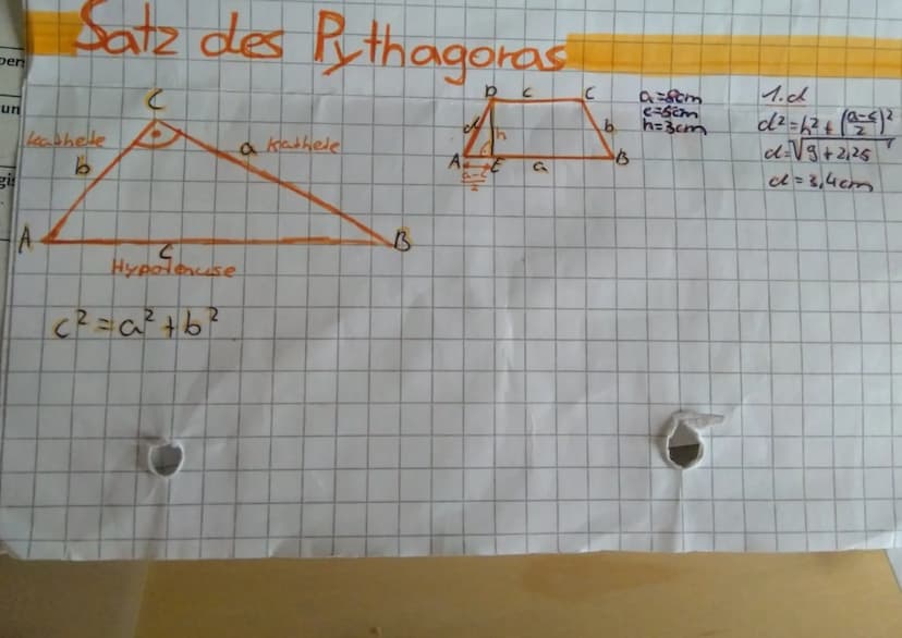 Der
un
gi
Satz des Pythagoras
kashete
|A
C
で
Hypotenuse
c²=a²²+b²
a kathete
B
A
C
b
B
a=80m
c=5cm
h=3cm
1. ch
d²=h²+ (0²8) ²
d=√√9+2,25
dl=3