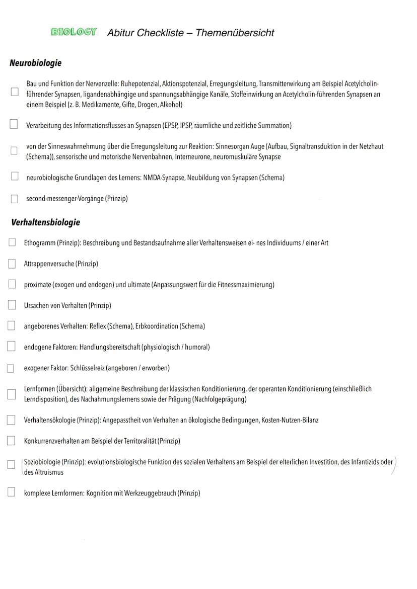 Q3
Neurobiologie BIOLOGY Abitur Checkliste - Themenübersicht
Neurobiologie
Bau und Funktion der Nervenzelle: Ruhepotenzial, Aktionspotenzial