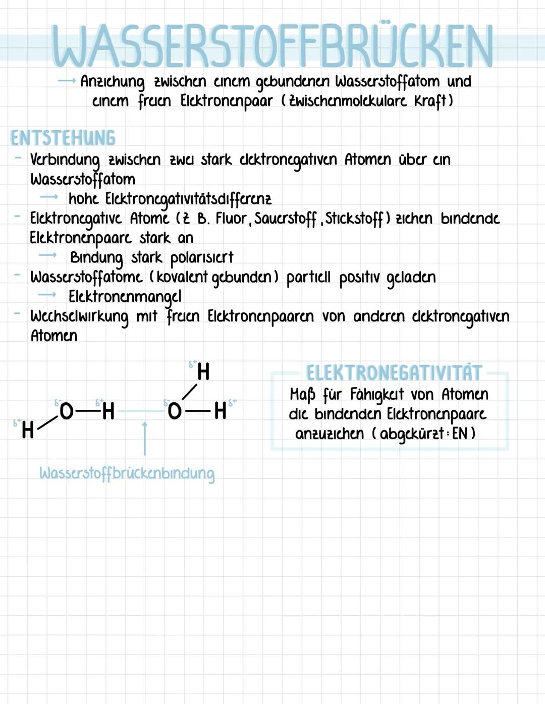 WASSERSTOFFBRÜCKEN
Anziehung zwischen einem gebundenen Wasserstoffatom und
einem freien Elektronenpaar (Zwischenmolekulare Kraft)
ENTSTEHUNG