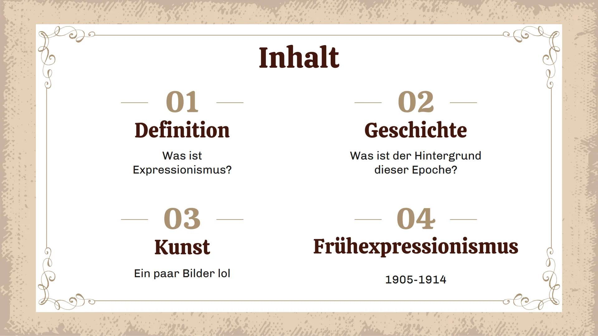 Literaturepoche
Expressionismus
elline
Anita Malfatti - The Yellow Man (1917)
ANSVA 01
Definition
Was ist
Expressionismus?
03
Kunst
Ein paar