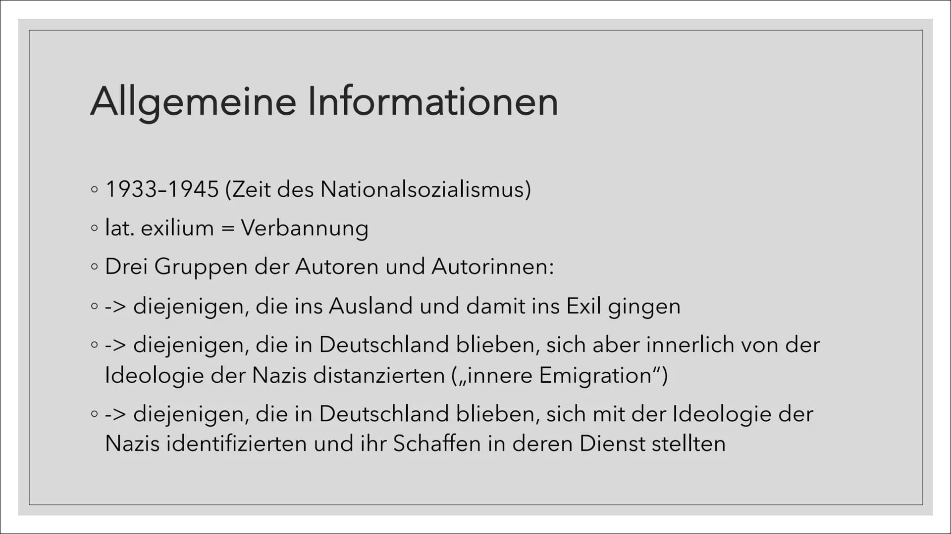 EXILLITERATUR
Eine Präsentation von XY Inhaltsverzeichnis
1. Allgemeine Informationen
2. Historischer Hintergrund
3. Literarische Formen der