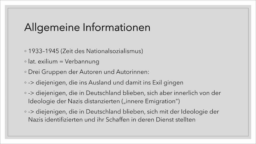 EXILLITERATUR
Eine Präsentation von XY Inhaltsverzeichnis
1. Allgemeine Informationen
2. Historischer Hintergrund
3. Literarische Formen der