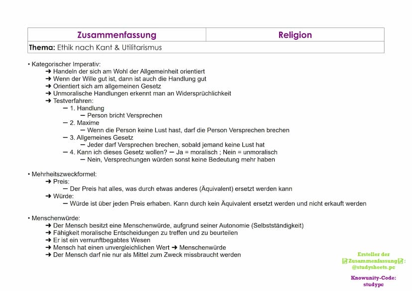 Zusammenfassung
Thema: Ethik nach Kant & Utilitarismus
Ethik Generell:
Wissenschaftliche Auseinandersetzung von Moral
Reflexion der Kriterie
