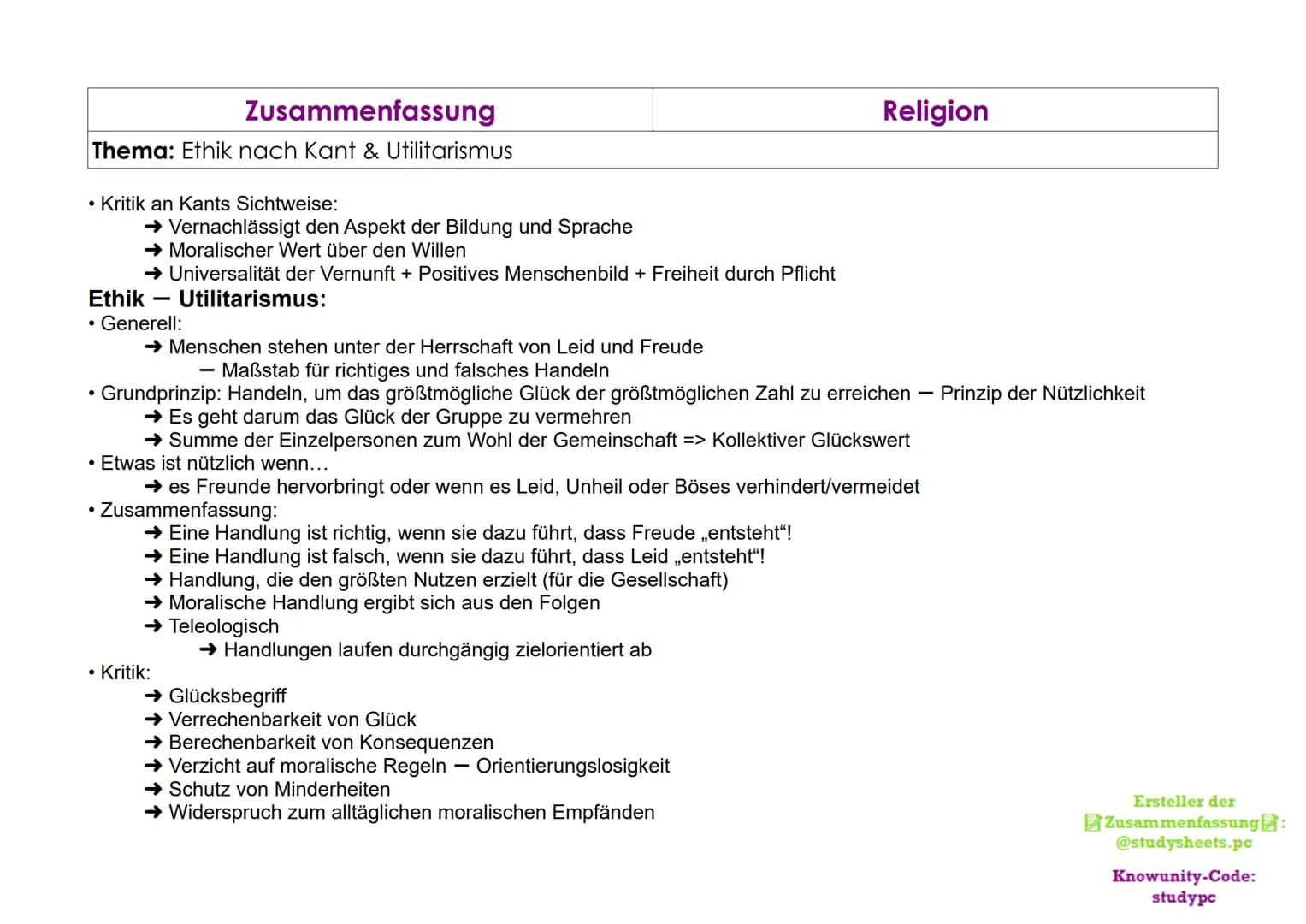 Zusammenfassung
Thema: Ethik nach Kant & Utilitarismus
Ethik Generell:
Wissenschaftliche Auseinandersetzung von Moral
Reflexion der Kriterie