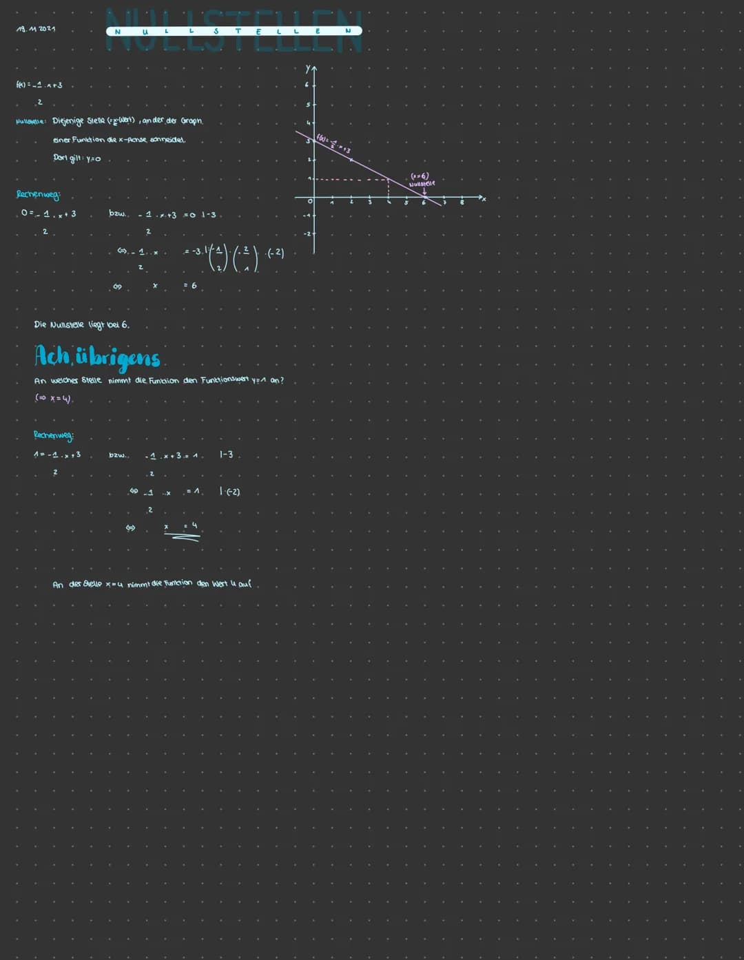 19. M 2021
f(x) 1+3
2
Rechenweg:
0=1+3
N
Rechenweg:
1 = -1.x +3
u
Nullstelle: Diejenige Stelle (=x-Wert), ander der Graph.
einer Funktion di