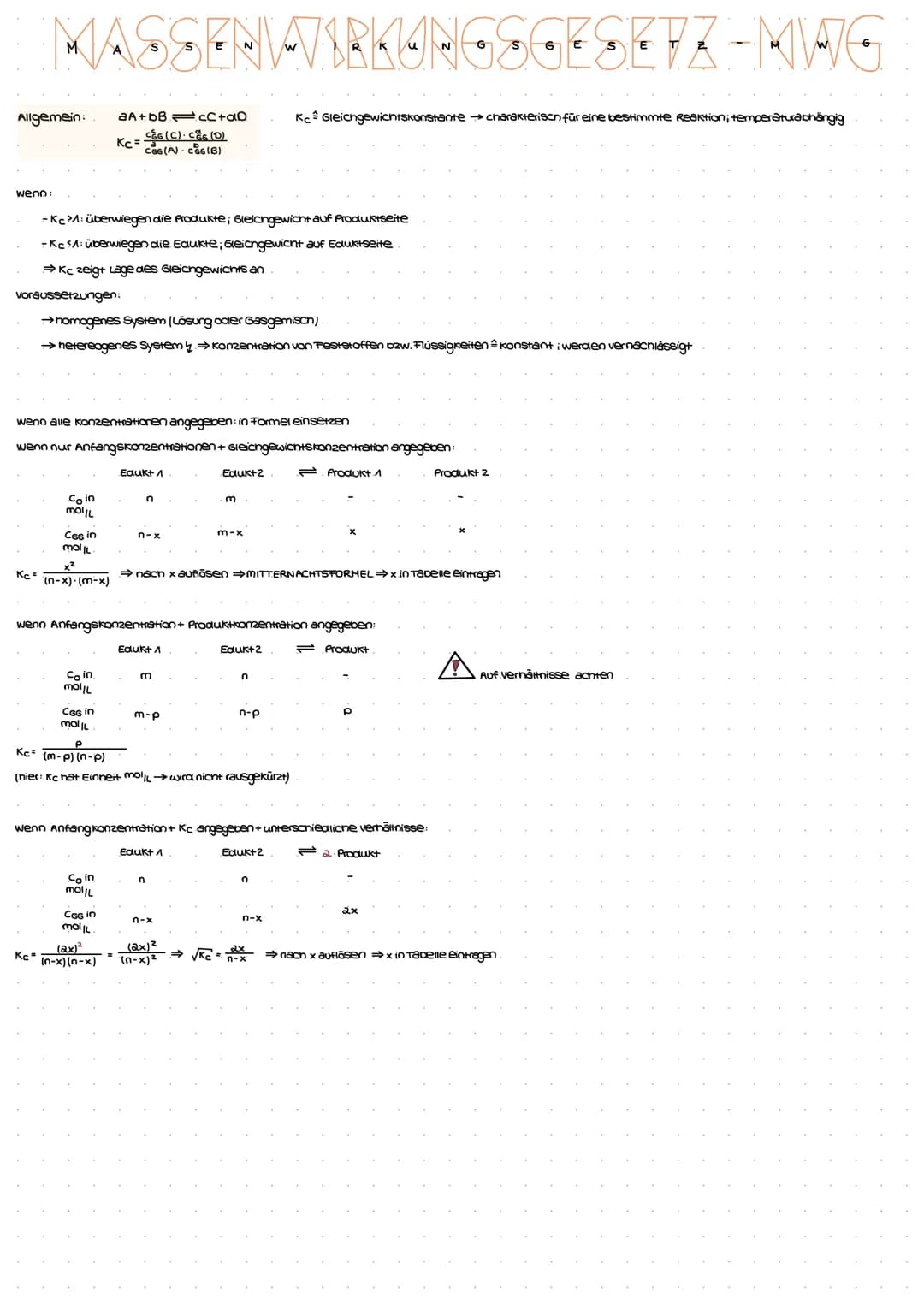 Allgemein:
wenn:
MASSENWIRKUNGS
Kc =
Voraussetzungen:
- Kc>1: überwiegen die Produkte; Gleichgewicht auf Produktseite
- Kc 1: überwiegen die