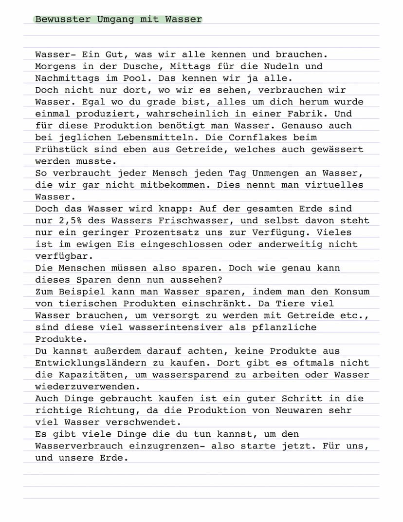 Distanzlernen KW 4
Wasserfußabdruck
1) Lies die Seiten 98-99 im Buch
2) Erkläre den Begriff "virtuelles Wasser"
Virtuelles Wasser ist das Wa