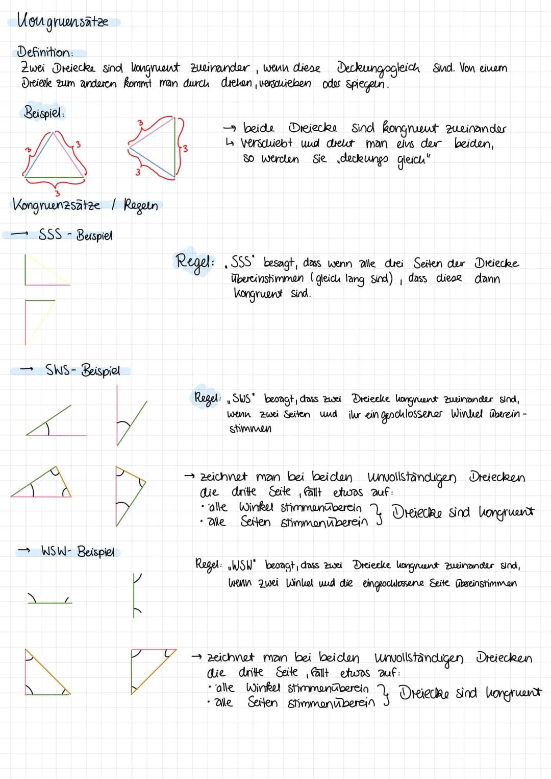 Kongruensätze
Definition:
Zwei Dreiecke sind longruent zueinander, wenn diese Deckungsgleich sind. Von einem
Dreieck zum anderen kommt man d