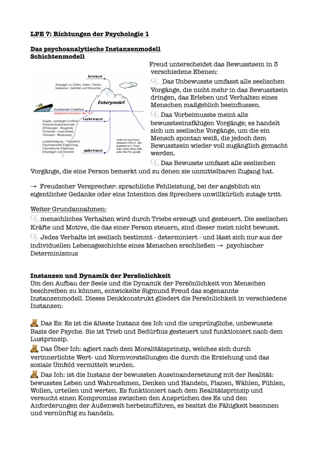 LPE 7: Richtungen der Psychologie 1
Das psychoanalytische Instanzenmodell
Schichtenmodell
verschiedene Ebenen:
Das Unbewusste umfasst alle s