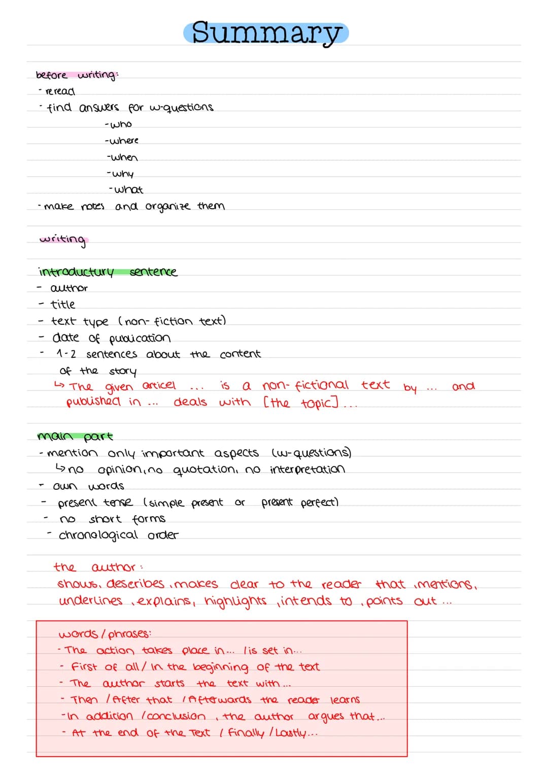 before writing:
- reread
find answers for w-questions
- make notes
writing
-who
-where
-when
-why
-what
and organize them.
introductury sent