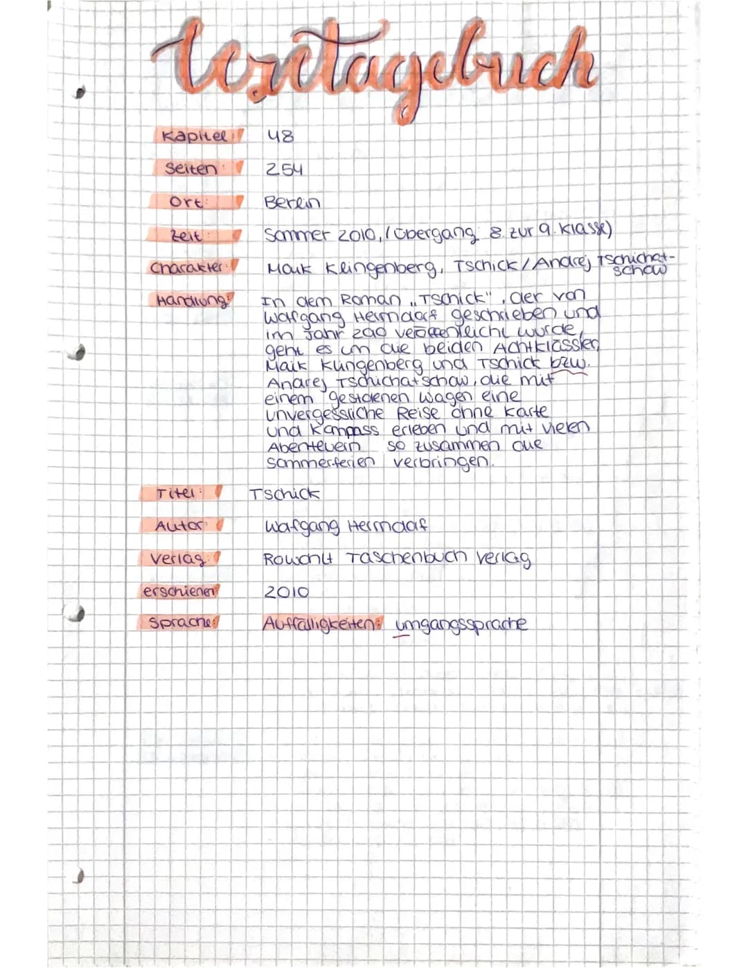C
T
дву
Boffs
Tschick
WWW
8 8 8 8 8 8
Lesetagebuch
Zoe Kretschmar
8B texetagebrick
Kapitel
Seiten 1
Ort:
Zeit
Charakter
Handlung
Titel
Autor