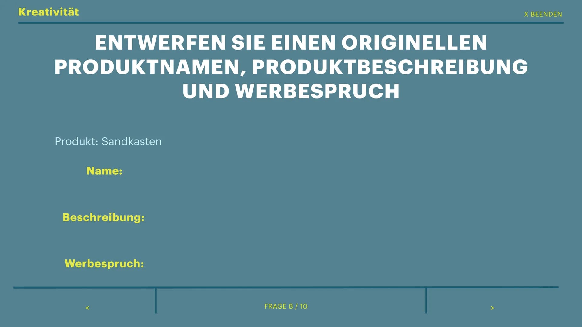 234
765
< ZURÜCK
10
234
765
10
8
765
von Sophie
234
FRAGE 0 / 10
10
8
765
EINSTELLUNGSTEST
234 Allgemeinwissen
Deutschland
Russland
China
In