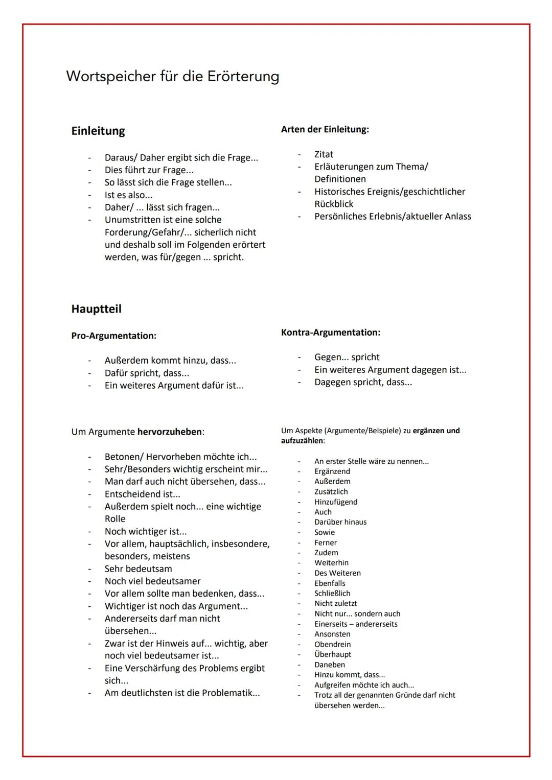 Wortspeicher für die Erörterung
Einleitung
Daraus/ Daher ergibt sich die Frage...
Dies führt zur Frage...
So lässt sich die Frage stellen...