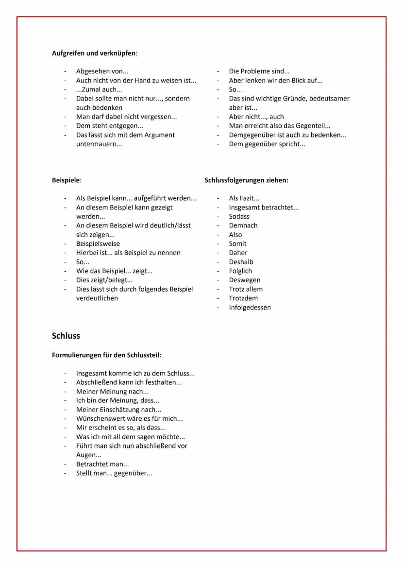 Wortspeicher für die Erörterung
Einleitung
Daraus/ Daher ergibt sich die Frage...
Dies führt zur Frage...
So lässt sich die Frage stellen...