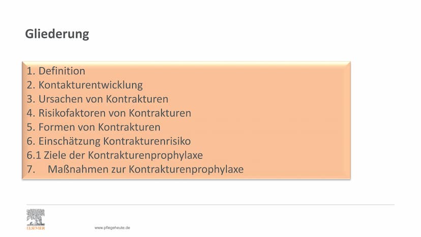 ELSEVIER
Kontrakturenprophylaxe
Unterrichtspräsentation zu:
Pflege Heute
7. Auflage
Kapitel 9.7 Kontrakturenprophylaxe
Erarbeitet von P. Jes