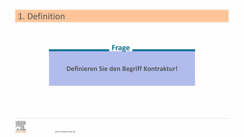 ELSEVIER
Kontrakturenprophylaxe
Unterrichtspräsentation zu:
Pflege Heute
7. Auflage
Kapitel 9.7 Kontrakturenprophylaxe
Erarbeitet von P. Jes