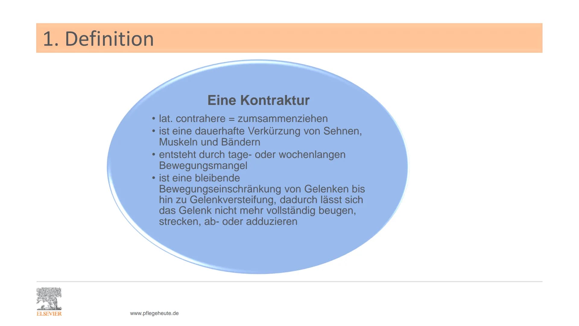 ELSEVIER
Kontrakturenprophylaxe
Unterrichtspräsentation zu:
Pflege Heute
7. Auflage
Kapitel 9.7 Kontrakturenprophylaxe
Erarbeitet von P. Jes